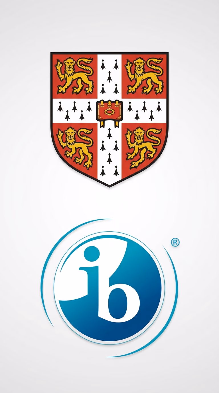 The University of Cambridge coat of arms displayed above the International Baccalaureate (IB) logo on a plain background.