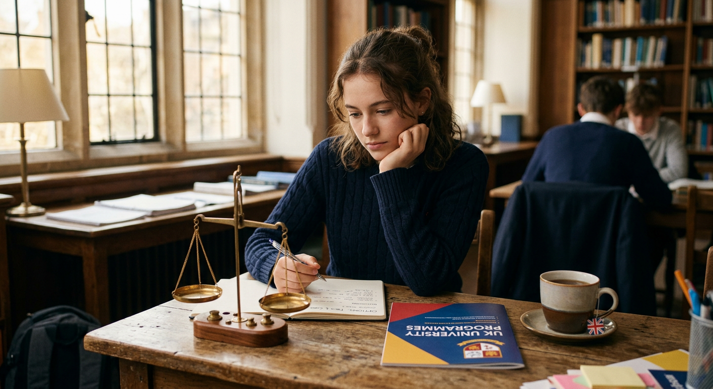 A UCAS application form beside a research notebook on a desk