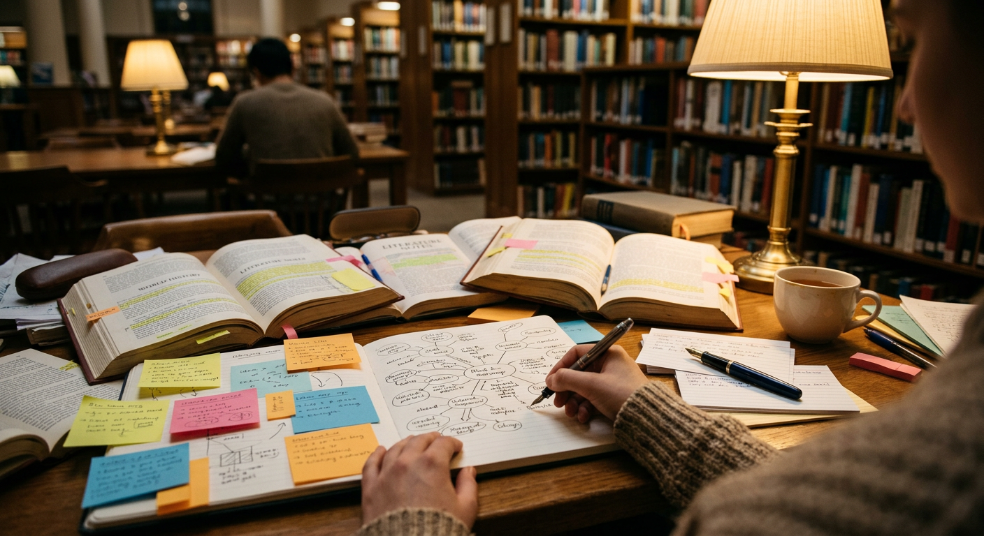An IB student's desk with a research question drafted and redrafted
