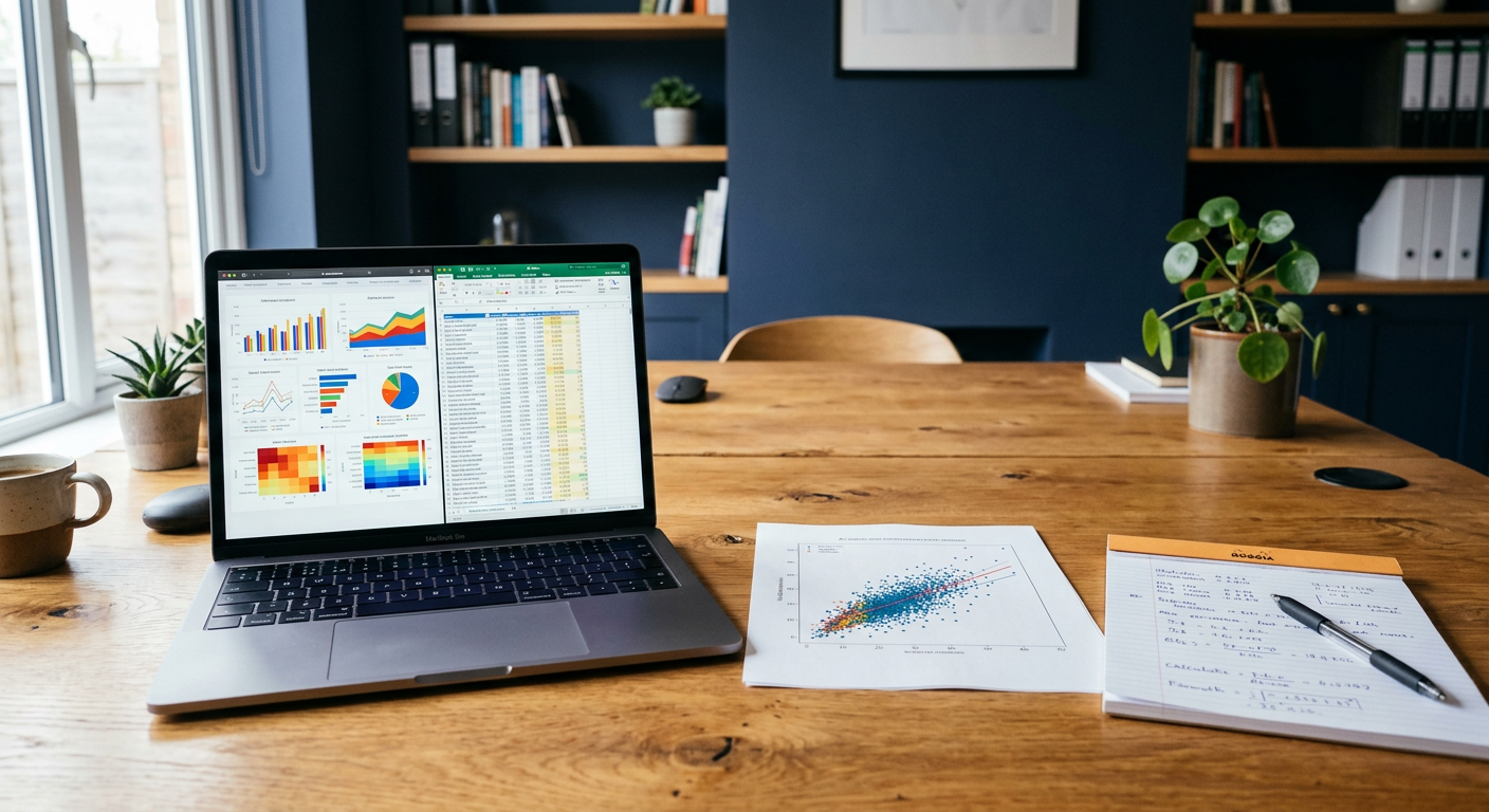 A spreadsheet of survey data beside a notebook of handwritten variable names