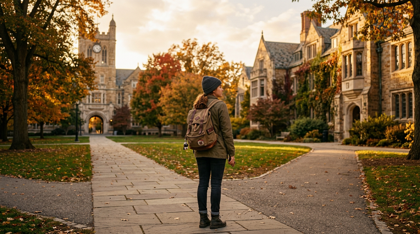 Two paths diverging through a university campus in autumn