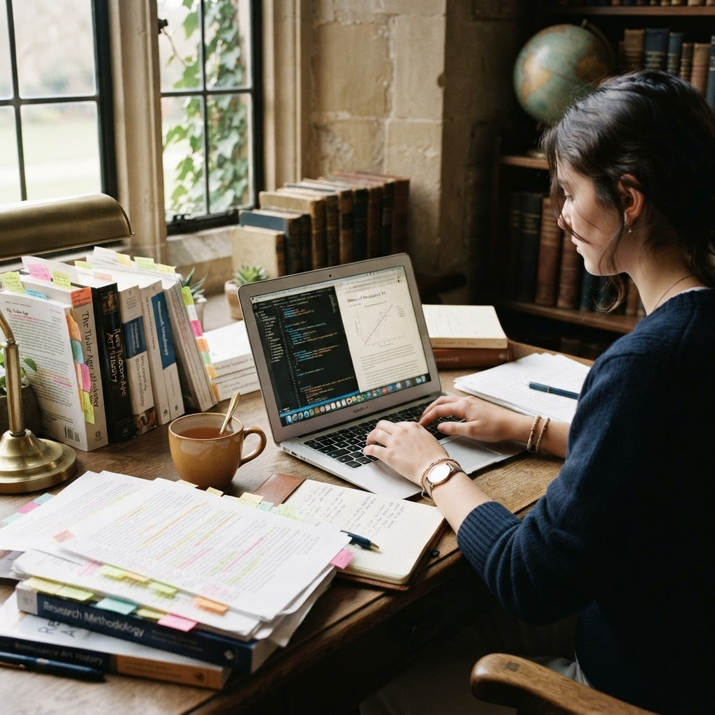 A laptop showing a spreadsheet of data beside a notebook of handwritten working
