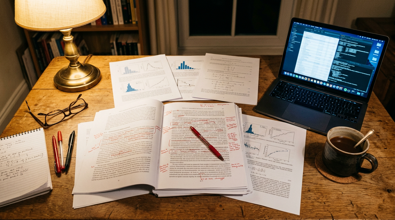 An invoice and a manuscript side by side on a desk