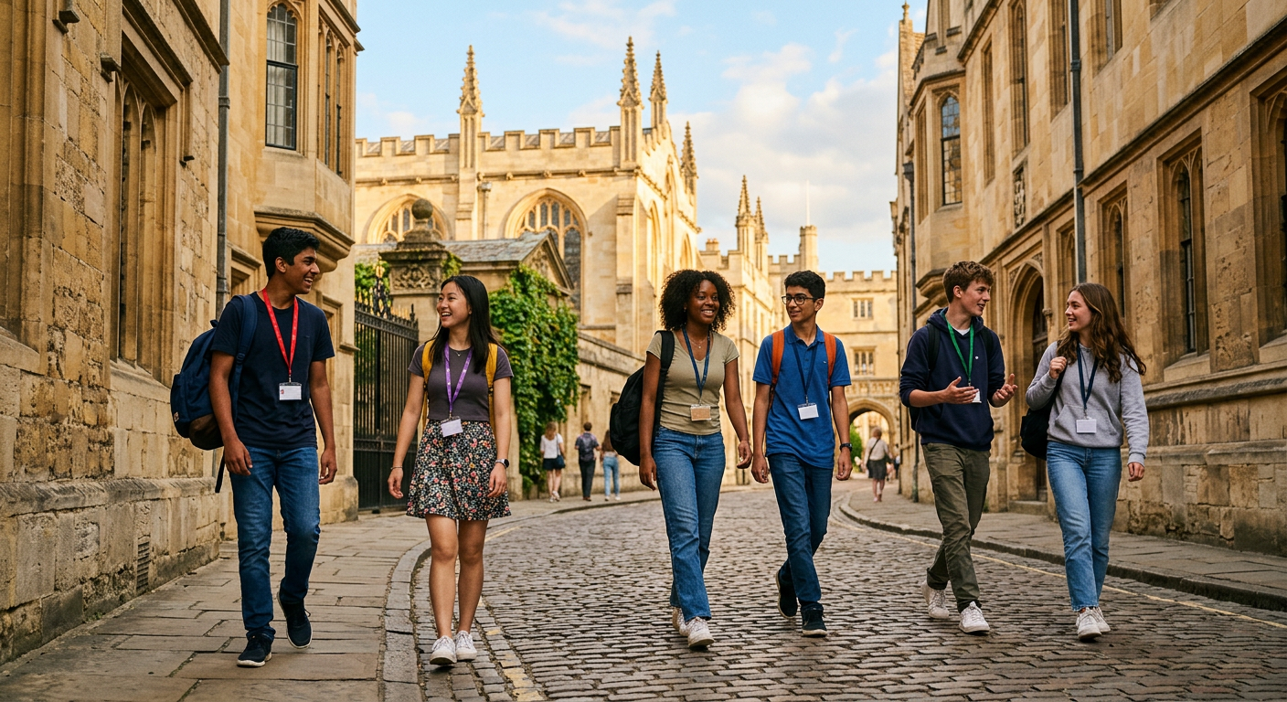 An Oxford college quad in summer with students crossing the lawn