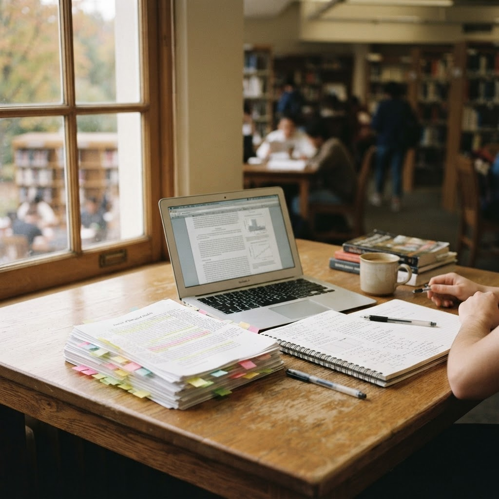 A student working through a stack of annotated journal papers at a desk