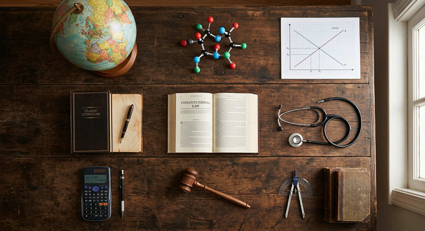 A map of academic fields sketched across a notebook page