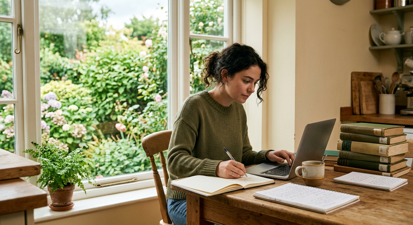 A laptop open on a kitchen table with a spreadsheet of data on screen