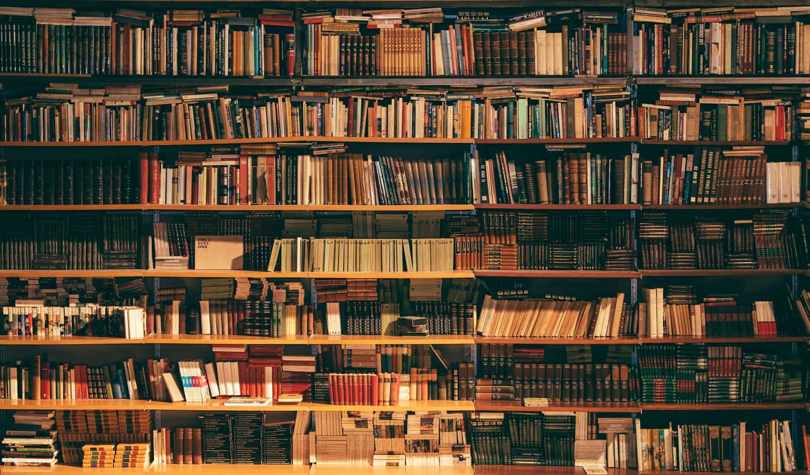 Tall library shelves packed with books stretching into the distance, viewed down a narrow aisle.