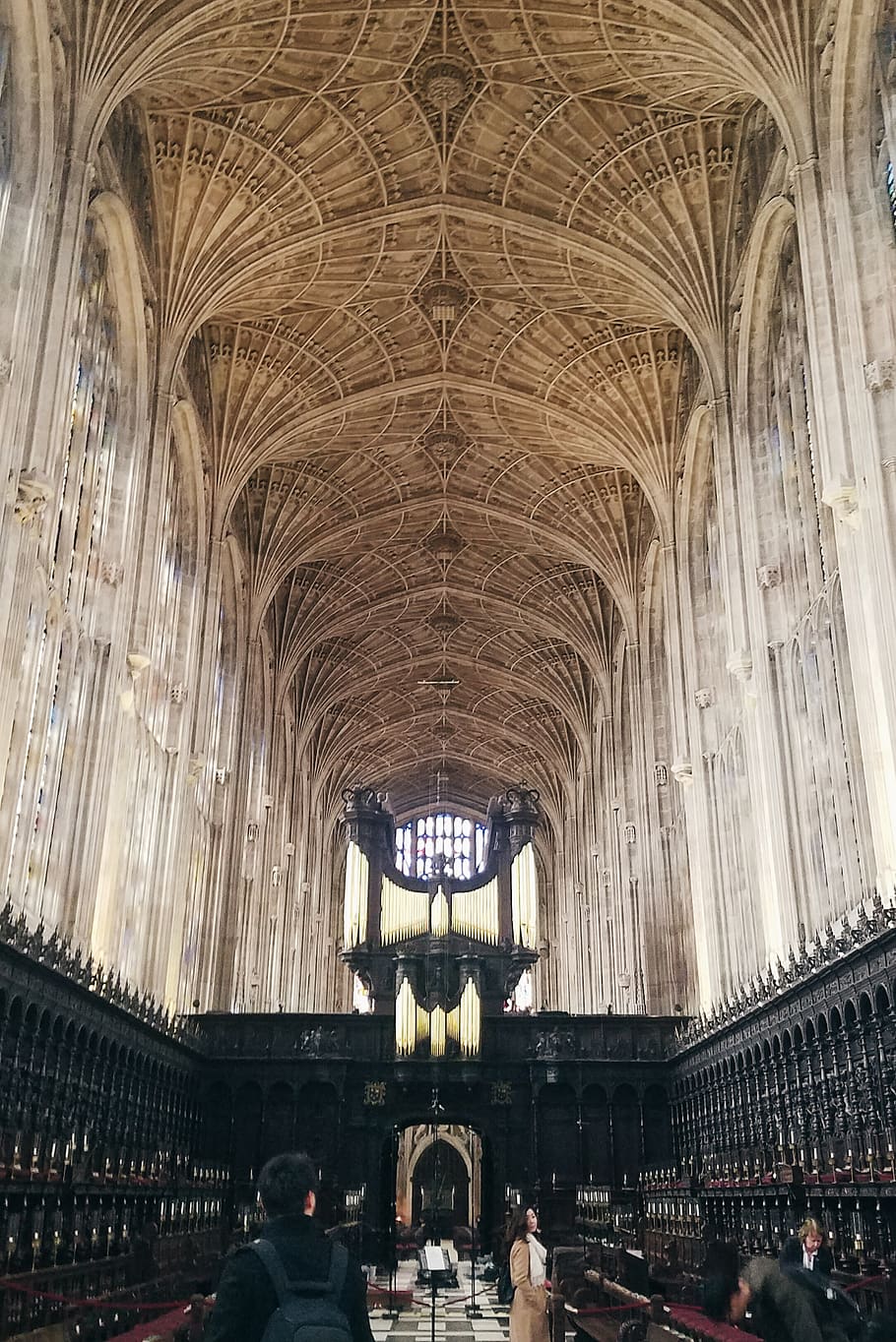 The fan-vaulted ceiling and organ of King's College Chapel, Cambridge, seen from the nave.
